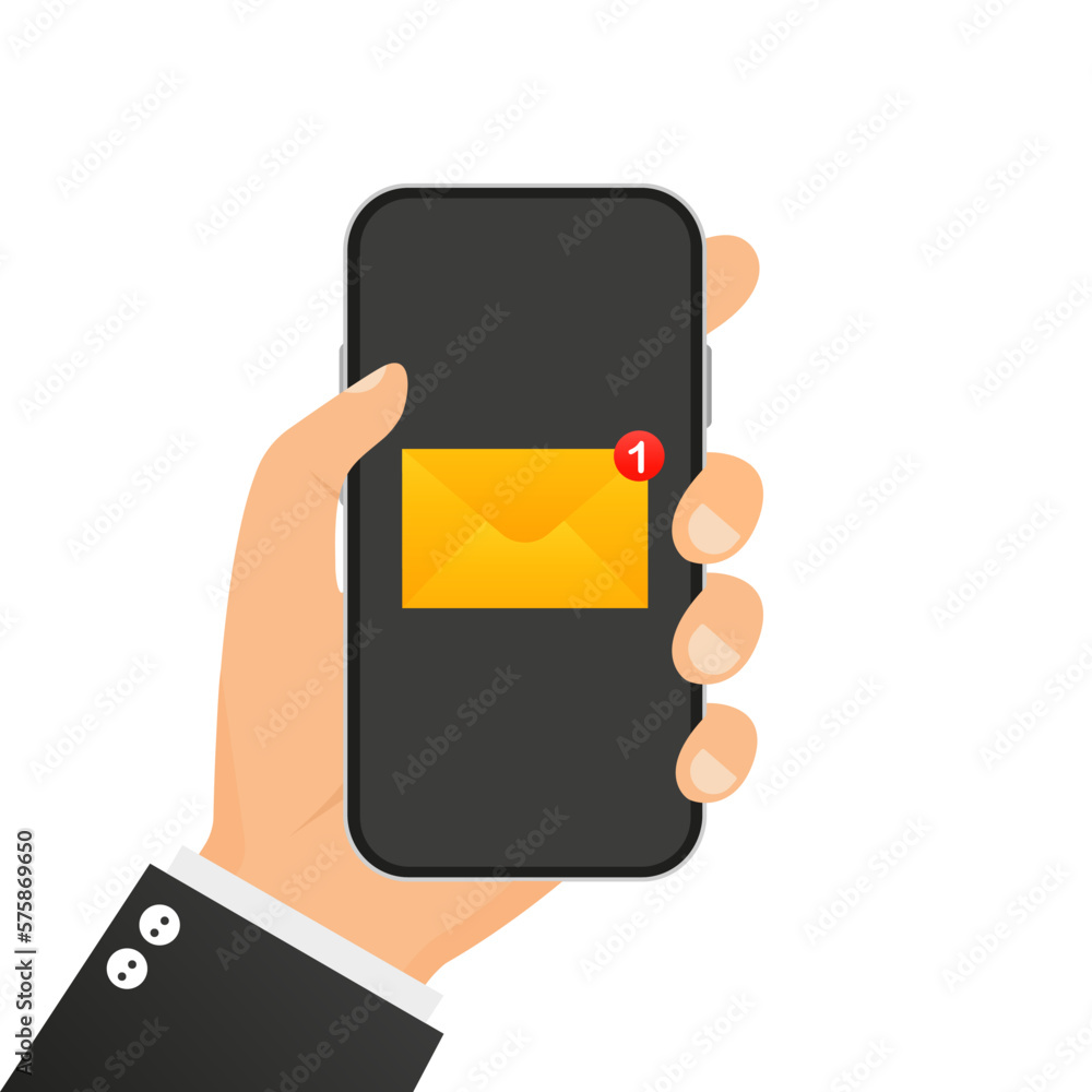 Poster flash design style of a hand holding a smartphone with an e-mail application on the screen. a new me