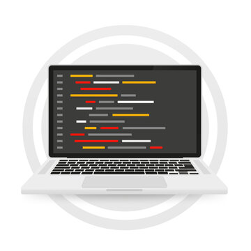 Programming language and program code on screen laptop. Programming coding. Software, web development, programming concept. Vector illustration