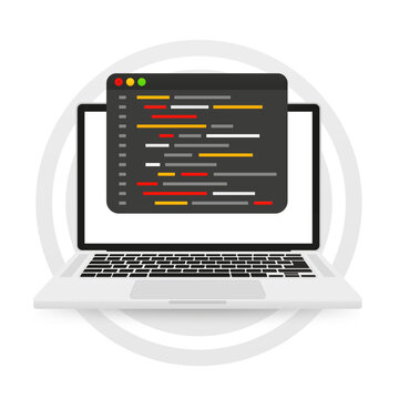 Programming language and program code on screen laptop. Programming coding. Programming web page. Software, web development, programming concept. Vector illustration