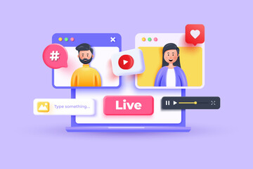 Online Meeting, Virtual Conference Video call, Briefing, Teamwork Concept with 3d shapes, chat box, heart, infographic on blue background. 3d Vector Illustration - 575870077