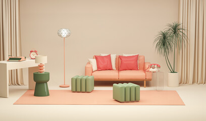 Memphis style conceptual interior room. Colorfull living room interior two green armchairs, red shelf with art decoration, clock, lamp, carpet on coral pink and beige concrete floor. 3D rendering. 
 - obrazy, fototapety, plakaty