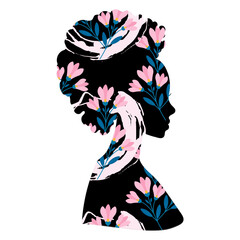 African American woman silhouette floral print. Vector illustration of an abstract woman