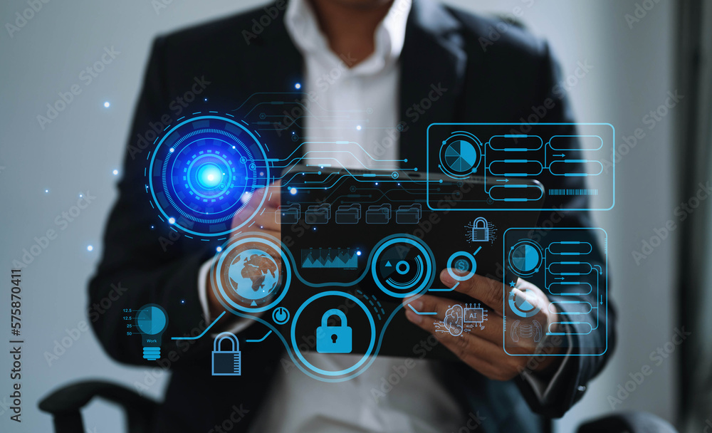 Aufkleber cyber security data protection business working on compute intelligenc digital tablet global network
