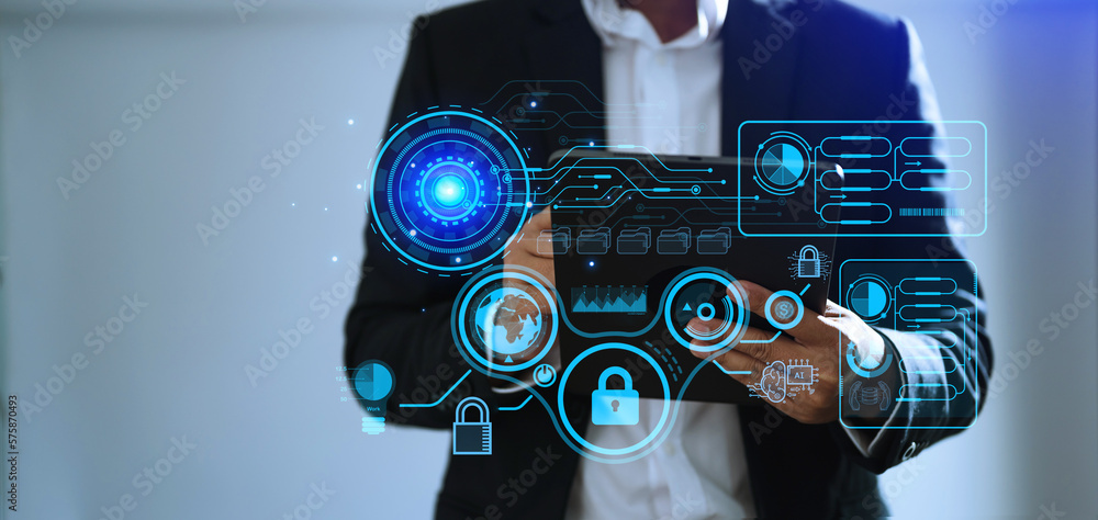 Aufkleber cyber security data protection business working on compute intelligenc digital tablet global network