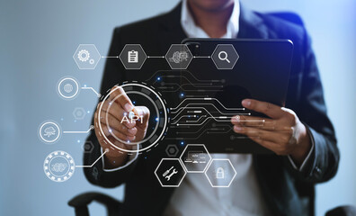 API Application Programming Interface, woman using laptop, tablet and smartphone with virtual...
