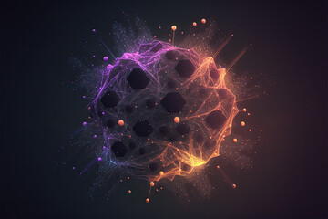 Colorful and abstract representation for data flow with a sphere surrounded by multiple particles. Generative AI