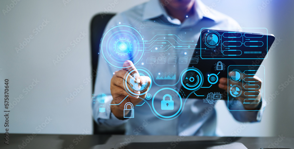 Poster cyber security data protection business working on compute intelligenc digital tablet global network