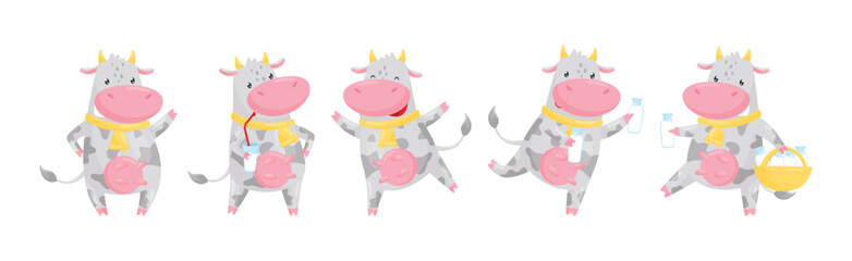 Farm Cow Character Udder Holding Milk Drink Vector Set