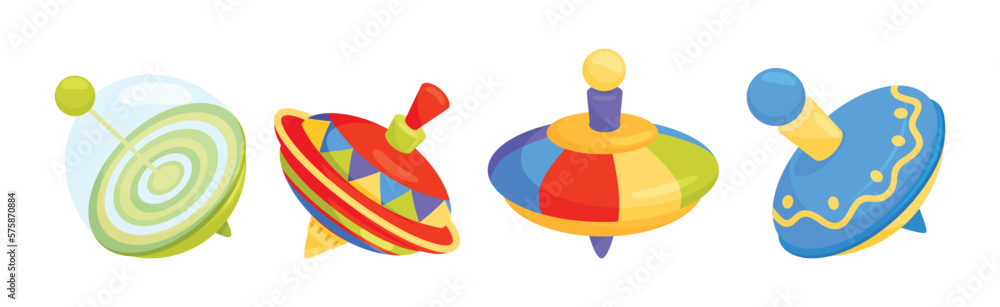 Poster spinning top toy balancing on the tip vector set