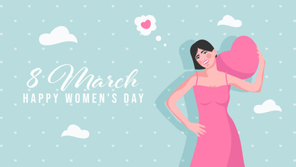 International Women's Day sale banner. Greeting card with happy smiling woman. Promotional banner,flat vector illustration.