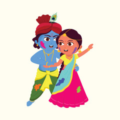 Illustration Of Little Lord Krishna Dancing With Goddess Radha Character On Beige Background For Holi Concept.
