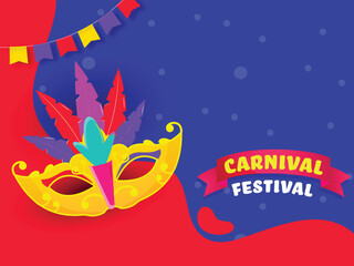 Carnival Festival Poster Design With Colorful Feather Mask On Red And Blue Background.