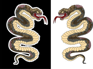 colorful Snakes and flowers. Tattoo design. Hand drawn snake vector illustration.Traditional Japanese culture for printing and coloring book on background.