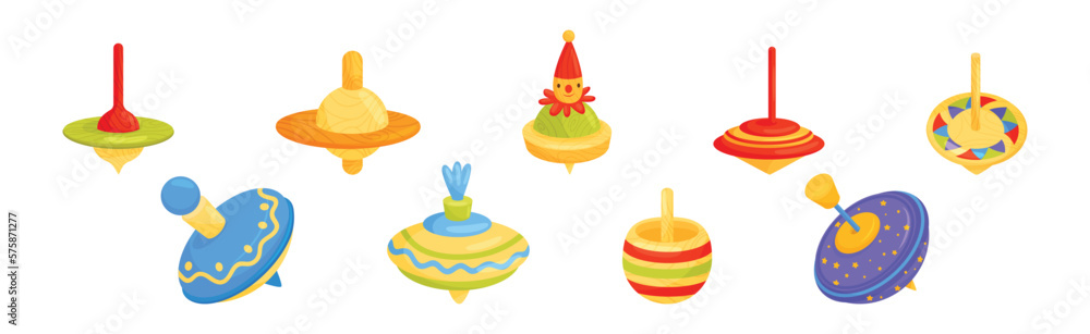 Poster spinning top toy balancing on the tip vector set