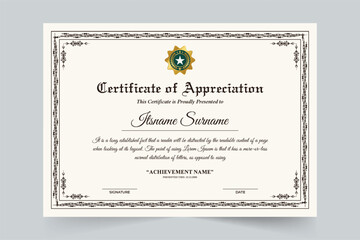 Professional certificate design with creative border decoration and vintage colors. Academic and educational credential frame design with calligraphy and golden badge. Achievement certificate vector.