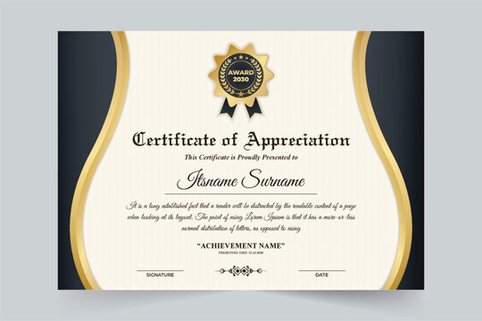 Creative office certificate and honor credential design with dark and golden colors. Professional business credential vector for appreciation. Achievement and award certificate for education.