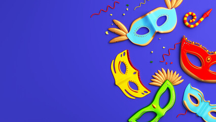 Fototapeta na wymiar 3D Render of Colorful Masquerades Mask With Party Blower On Purple Background And Copy Space.