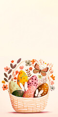 Fototapeta na wymiar Flat Style Cute Butterfly Character With Easter Eggs Floral Basket And Copy Space. Happy Easter Day Concept.