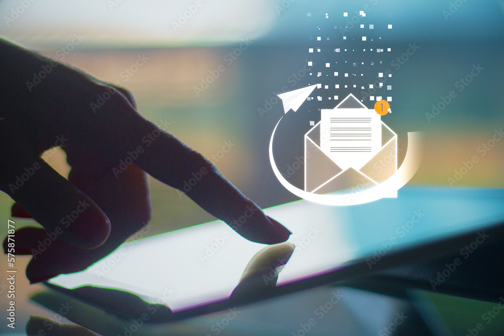 Poster Mailbox application, business communication and e-mail concept with digital envelope with notification alert and paper plane on human finger on digital tablet screen background