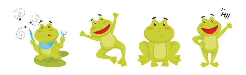 Cute Green Leaping Frog Character Engaged in Different Activity Vector Set