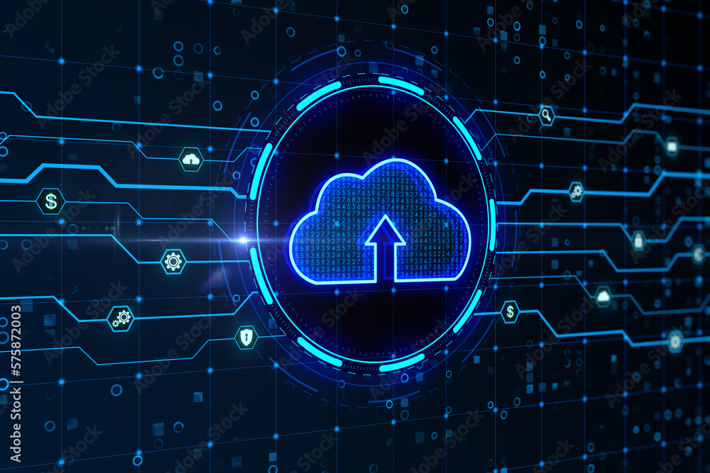 Aufkleber Cloud computing and data storage concept with digital arrow in cloud symbol in a circle on abstract dark technological background with circuit scheme. 3D rendering