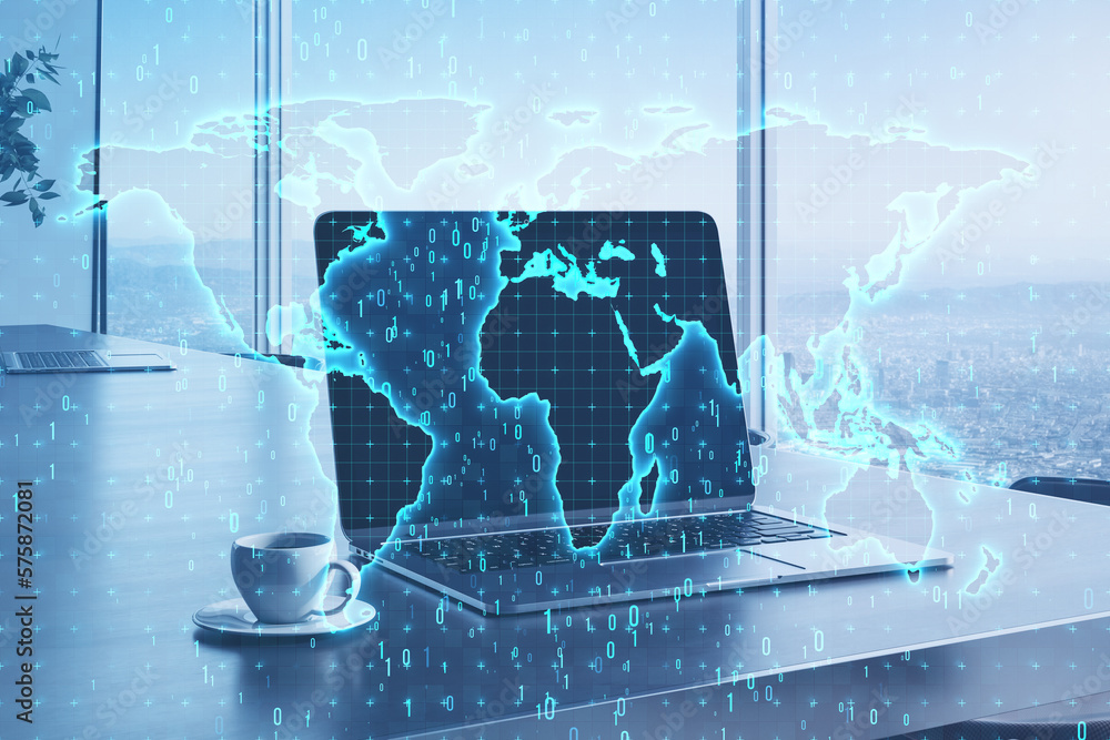 Aufkleber Close up of laptop computer on desktop with coffee cup and glowing binary code map hologram on blurry background with window and city view. Software and global technology concept. Double exposure.