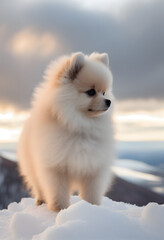 Cute baby puppy Pomeranian dog on the top snowy mountain, winter season, Generative Ai