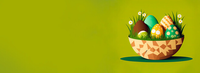3D Render of Floral Easter Eggs Bowl Against Olive Green Background And Copy Space. Happy Easter Day Concept.
