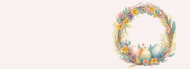 Flat Style Colorful Eggs On Floral Circular Frame With Against Pastel Pink Background And Copy Space. Happy Easter Day Concept.