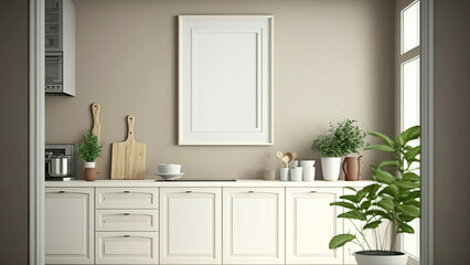 Fototapeta na wymiar Minimal Kitchen Interior, white photo frame with an image placeholder.