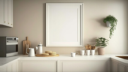 Fototapeta na wymiar 3D Composition of Functional Minimalist Kitchen Interior With Plant Pots And Blank Frame Mockup.