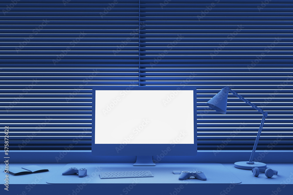 Aufkleber Digital job, blank white modern computer screen with space for web design or web site on office table with joystick and keyboard on window background closed by blinds. 3D rendering, mock up