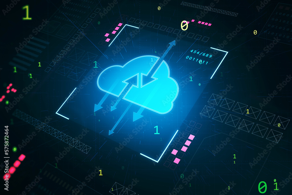 Poster Data storage and exchange concept with perspective view on digital blue cloud symbol with arrows inside on virtual frame button on abstract dark technological background. 3D rendering