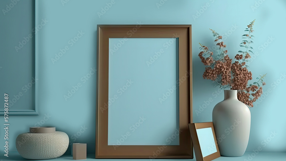 Poster photo frames mockup with image placeholder and clay modelling decorative objects.