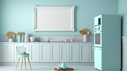 3D Render, Functional Kitchen Interior And Blank Frame or Board Mockup.
