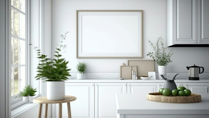 Fototapeta na wymiar 3D Composition of Minimalist Kitchen Interior With Window And Blank Frame or Board Mockup.