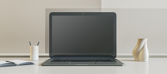 Front view on blank black modern laptop monitor with place for web design, landing page or web site on white surface table among stand for pens and vase on light wall background. 3D rendering, mockup