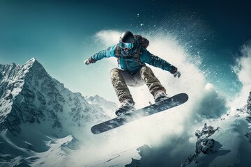 Winter extreme athlete sports, ski jumping on mountain. Winter, Snow landscape. Landscape. Generative AI Technology