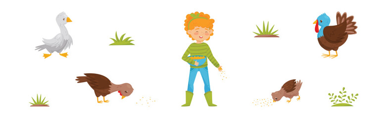 Little Smiling Girl and Farm Poultry Feeding Vector Set