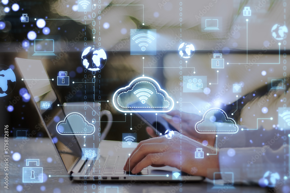 Poster Modern technologies and cloud computing connection concept with digital light cloud icons with wi-fi symbol inside surrounded by social signs on man hands using laptop background, double exposure