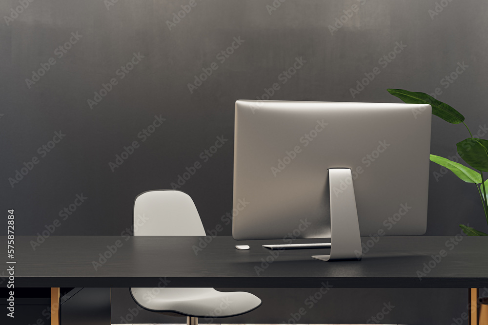Poster modern office interior with blank mock up place on wall, furniture and computer. 3d rendering.
