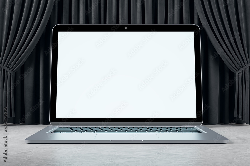 Aufkleber Front view on blank modern laptop monitor with place for your web design or landing web page on concrete floor and on black backstage curtain background, online movie or theatre. 3D rendering, mock up