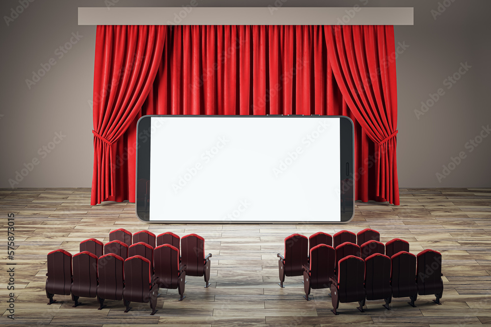 Poster Online cinema concept with front view on blank white huge smartphone screen with place for your web site or logo brand in front of chairs on red backstage curtain background. 3D rendering, mock up