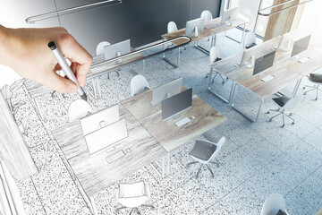 Hand drawn sketch of modern coworking office room interior with furniture, equipment and window with city view.