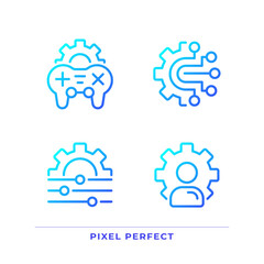 Personal settings pixel perfect gradient linear vector icons set. Game customization. Account changes. Thin line contour symbol designs bundle. Isolated outline illustrations collection