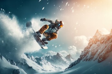 Obraz na płótnie Canvas Winter extreme athlete sports, ski jumping on mountain. Winter, Snow landscape. Landscape. Generative AI Technology