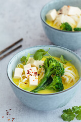 Vegan laksa with rice noodles, broccoli and tofu in blue bowls, gray background.