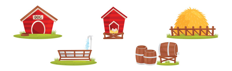 Farm Object with Dog House, Coop, Hay Stack, Water Basin and Wooden Barrel Vector Set © Happypictures