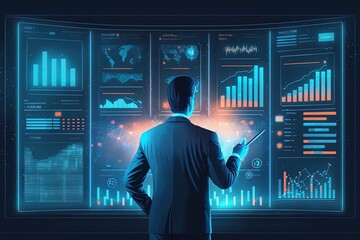 An illustration of a businessman analyzing data in charts in a big screen. Concept: Data mining by a man analyst. 