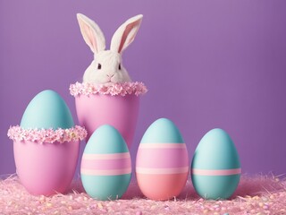 Festive Easter Bunny in Cup with Decorated Eggs Created with Generative AI and Other Techniques